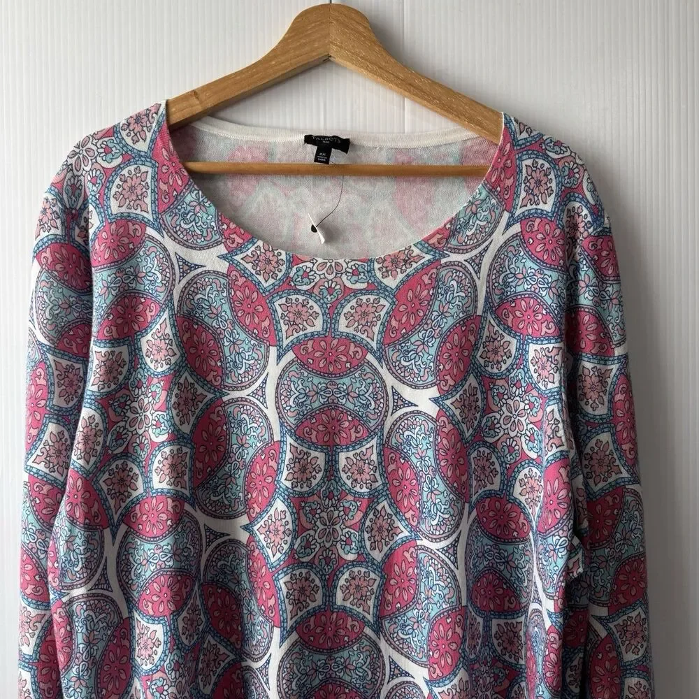 Talbots Plus 2X Women’s Mandala Print Knit Top Long Sleeve Cotton Blend